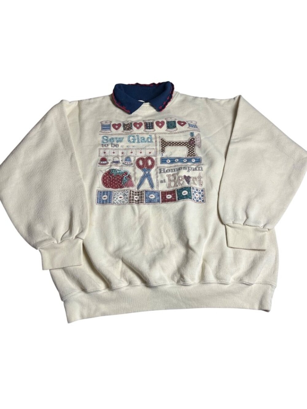 Vintage 80’s Wons Wear Sewing-Themed Sweatshirt With Collar L cream made in USA